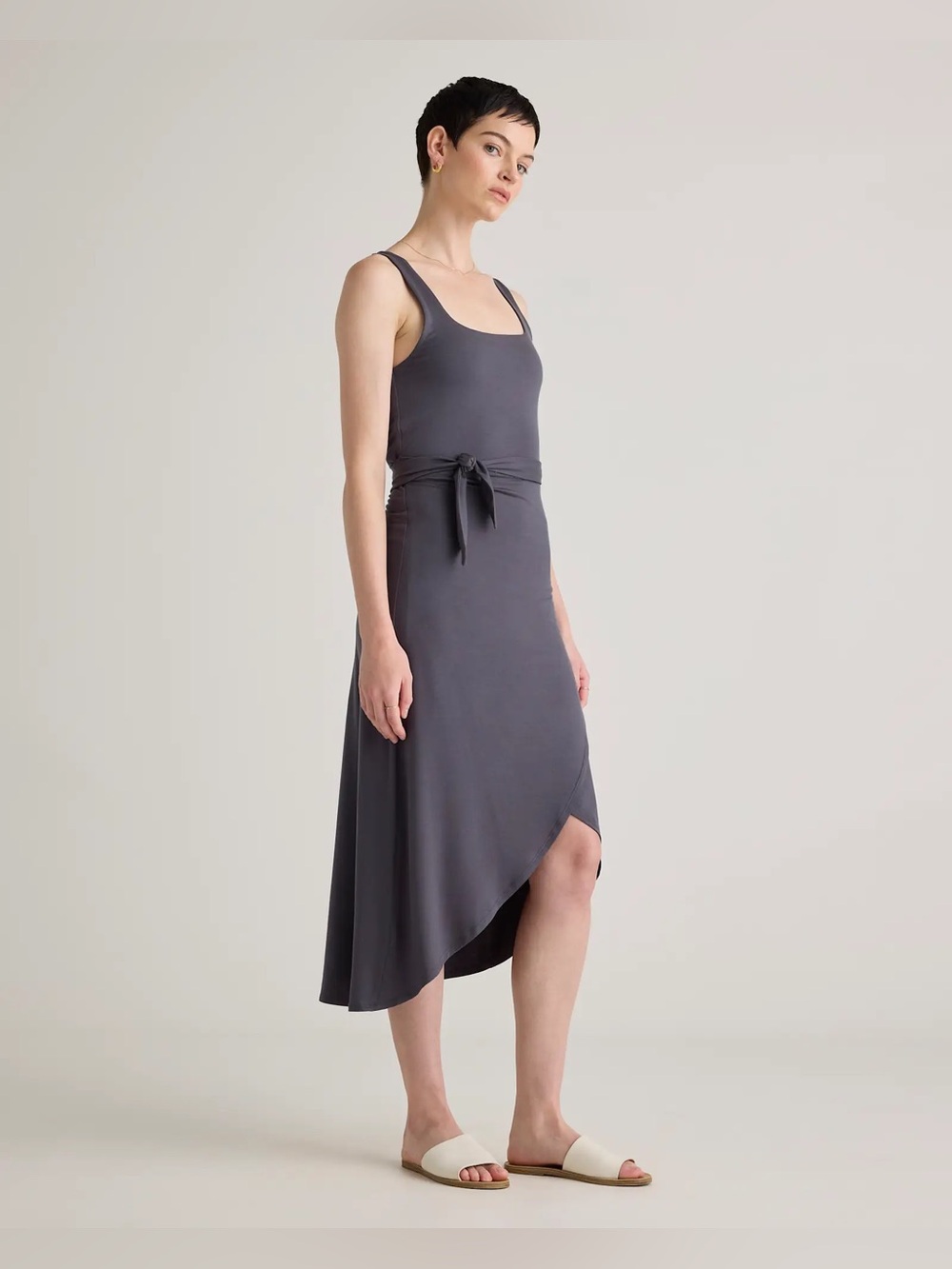 Quince Tencel Jersey Side Tie Midi Faux Wrap Dress Sleeveless Carbon Gray Large